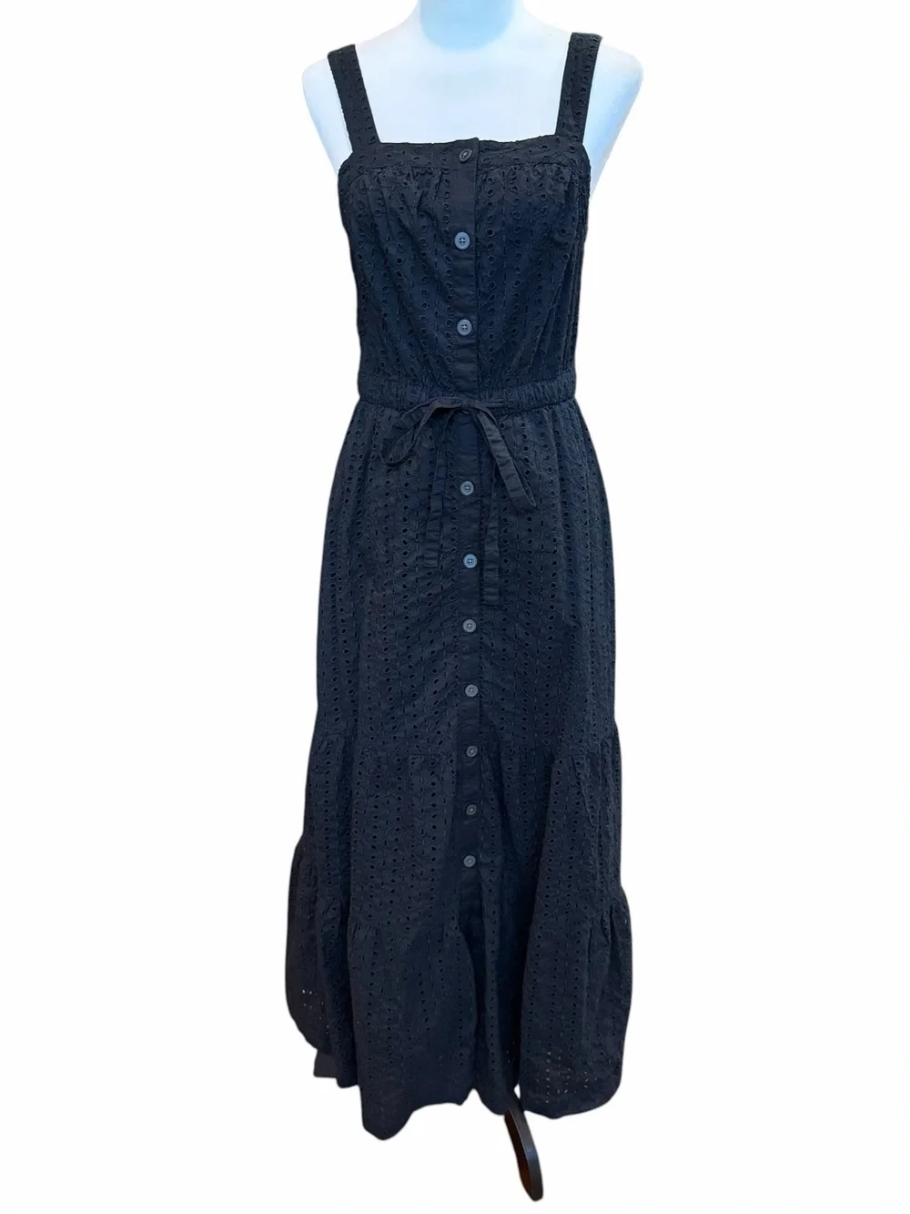 GAP Eyelet Maxi Dress Size 4 Black Apron Sundress Preppy Minimalist Summer